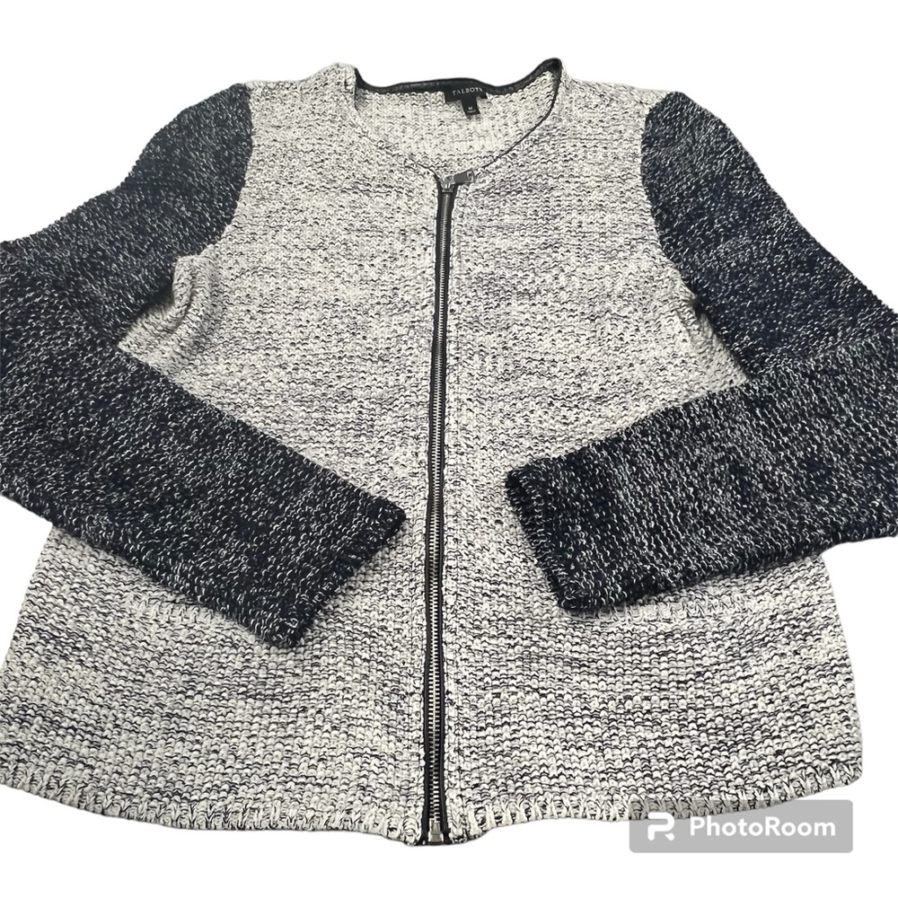 Talbots Cotton Black White Tweed Knit Zipper Jacket Size M